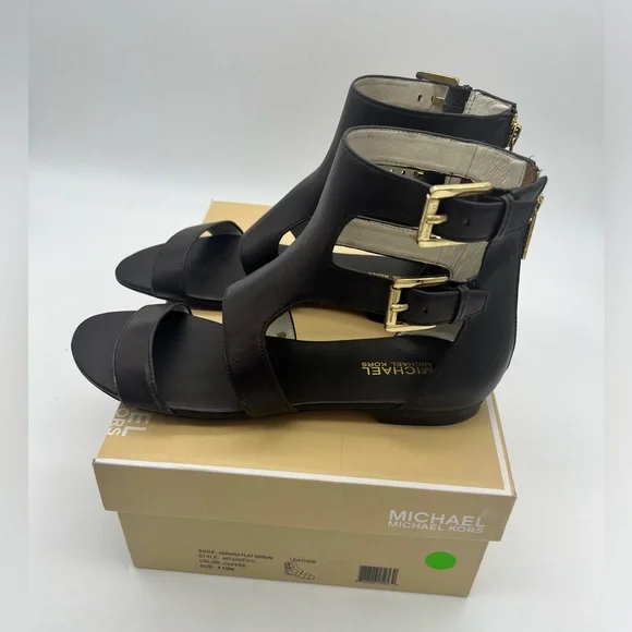 MICHAEL Michael Kors Adriana Flat Sandals Shoes Leather Coffee Size 9.5 with Box - Picture 2 of 8